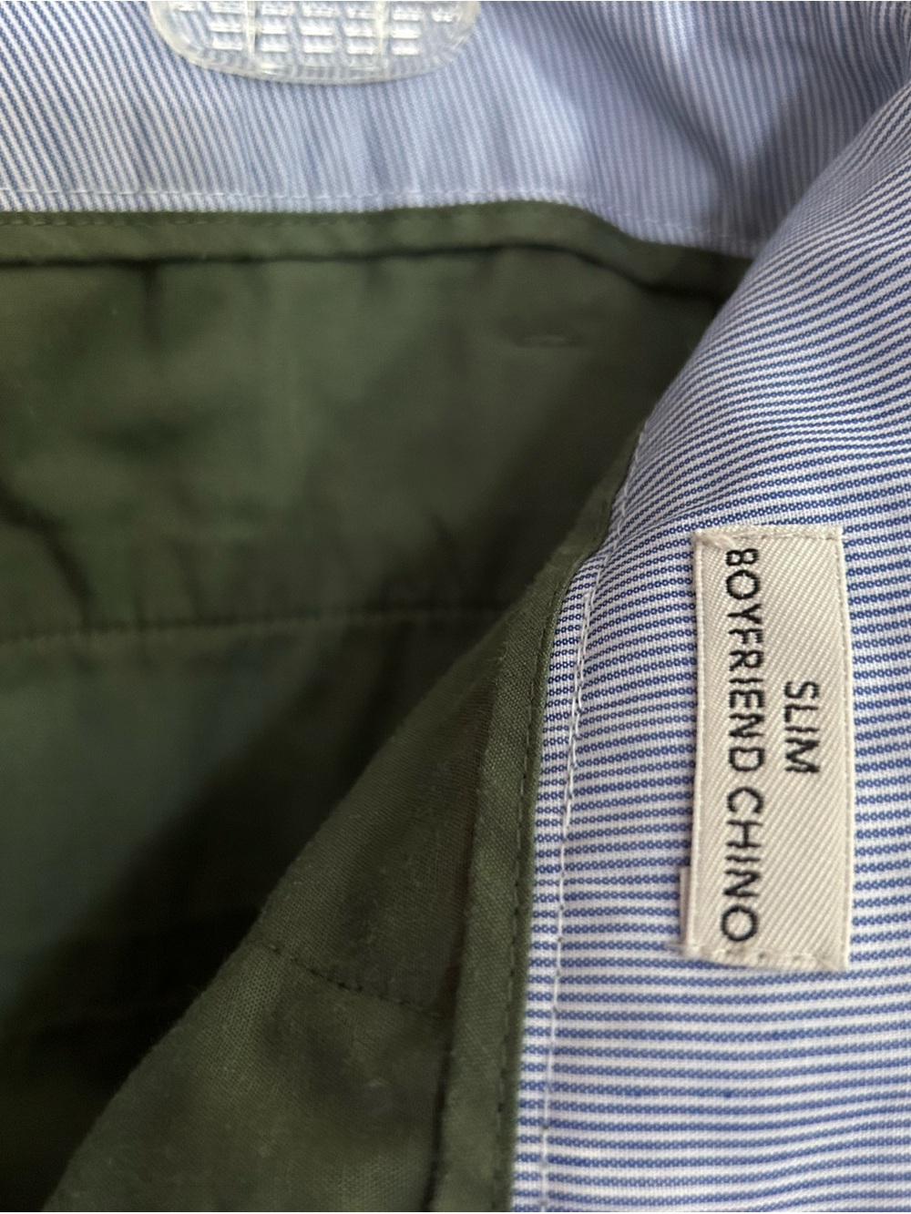 J. Crew Olive Green Chinos with Blue-White Stripe Waistband